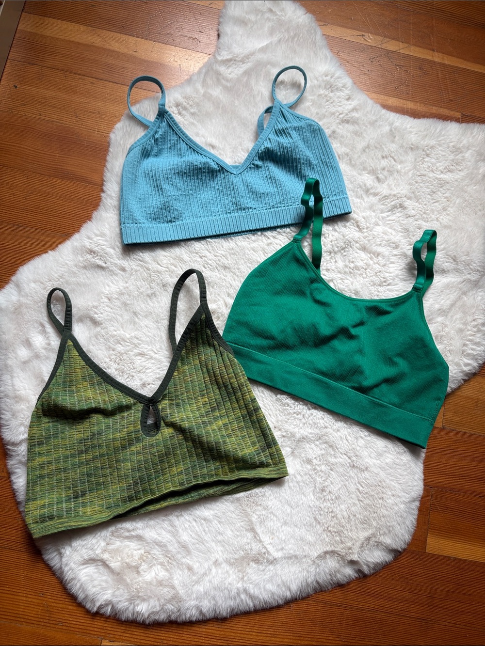 3-Pack Ribbed & Smooth Bralette Set - Teal, Aqua & Olive